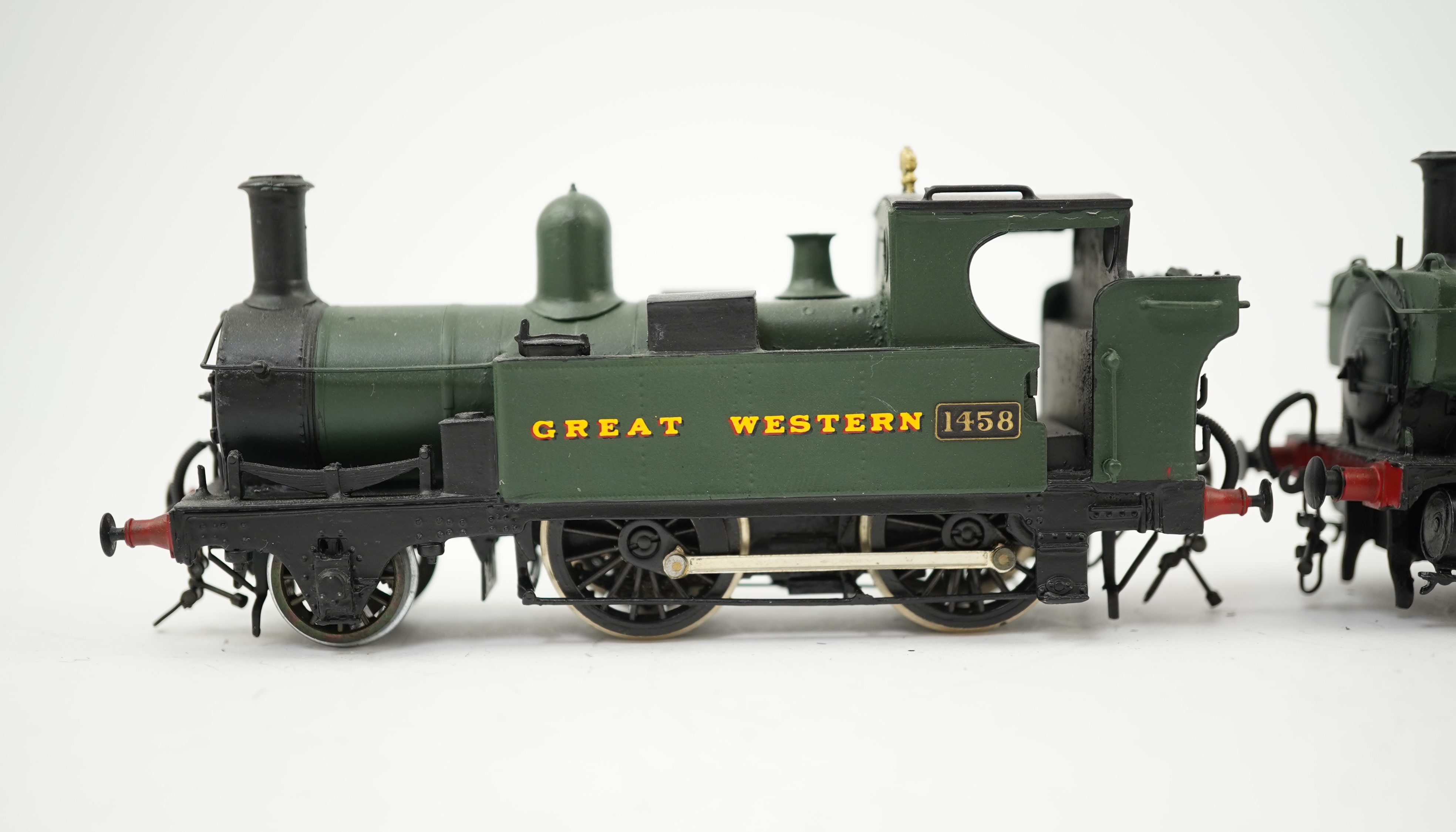 Two 00 gauge brass and white metal kit built GWR tank locomotives; a 1400 class 2-4-0T, 1458, together with an 1366 class 0-6-0PT, 1366, constructed, painted and lined to a high standard, both motored for two rail operat